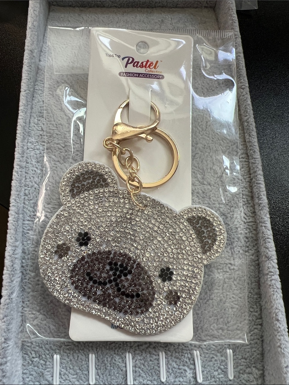 Gold Keychain Bear Charm - Silver Crystal Accent